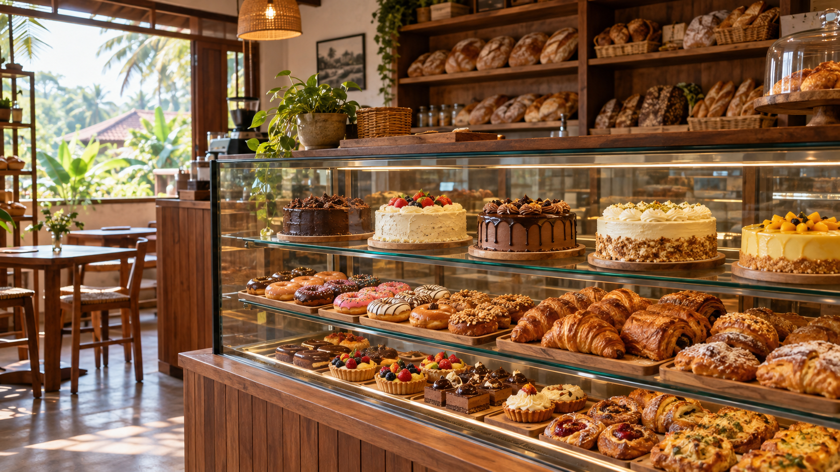 Bakery counter with fresh cakes and pastries